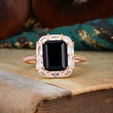 4CT Emerald Cut Black Onyx Engagement Ring Pave Halo Bridal Ring